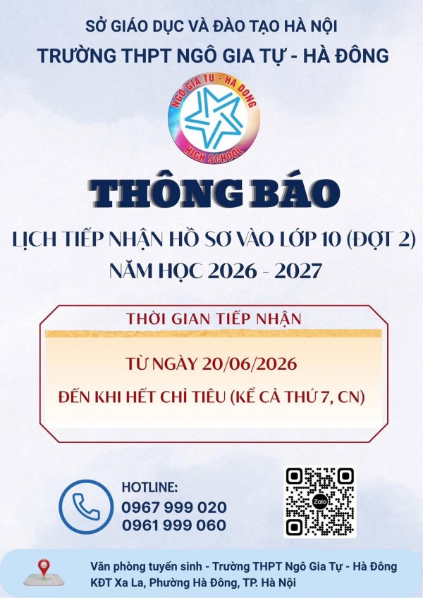 TRƯỜNG THPT NGÔ GIA TỰ - HÀ ĐÔNG THÔNG BÁO TIẾP NHẬN HỒ SƠ NHẬP HỌC NĂM 2026